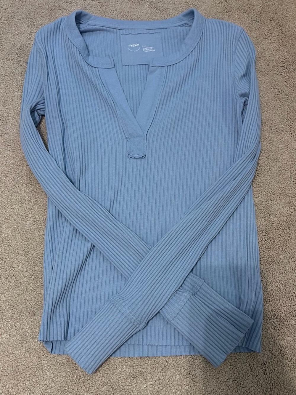 aerie Ribbed V-Henley Long Sleeve Top - Light Blue